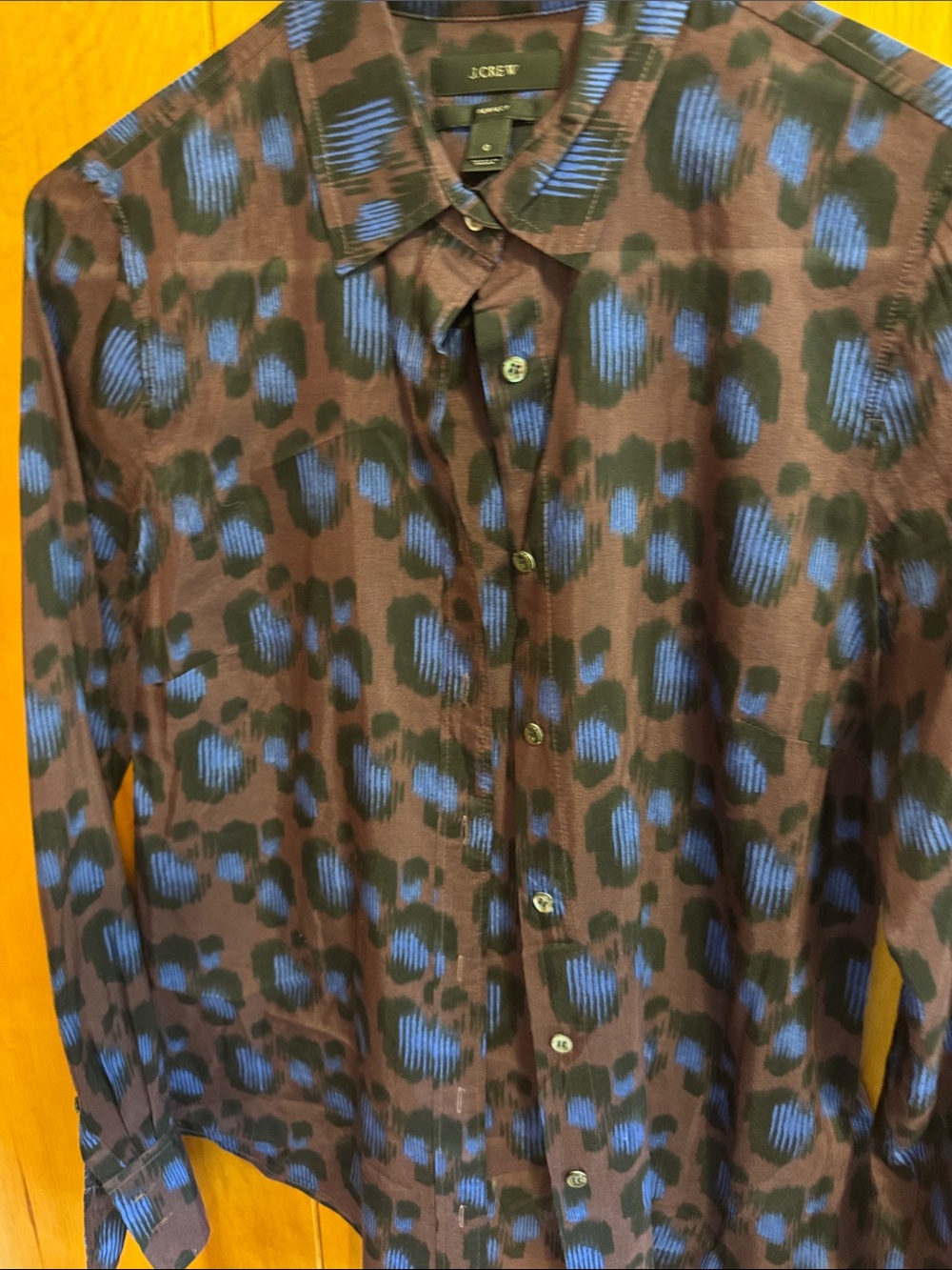 J. Crew Brown Button-Up Shirt with Blue Leopard Print